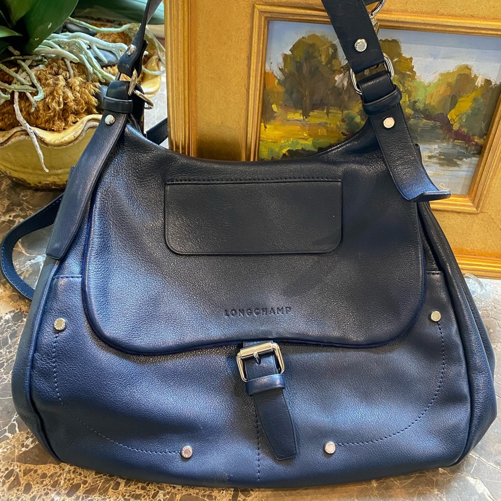 Longchamp navy leather bag, with shoulder and cross body straps, worn once!